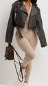 Demi Grey Zip Detail Belted Leather Look Cropped Biker Jacket