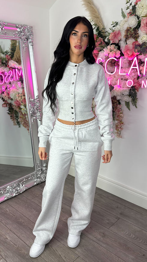 Moxie Button Front Wide Leg Tracksuit in Bleach Grey