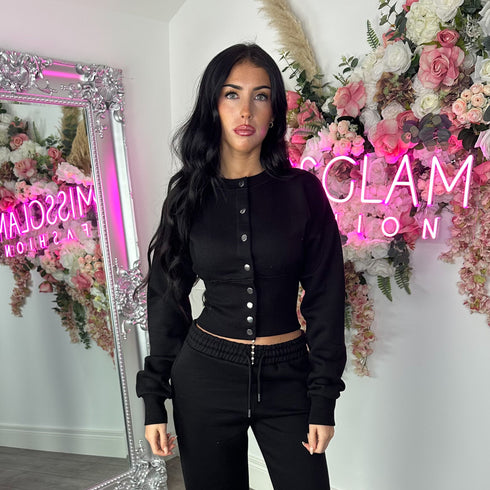 Moxie Button Front Wide Leg Tracksuit in Black