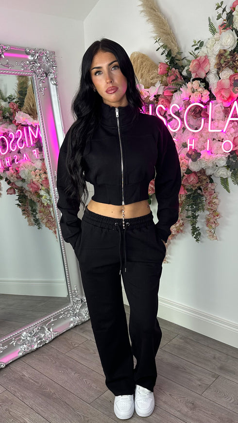 Kairo Straight Leg Zip Jacket Loungewear Set in Black