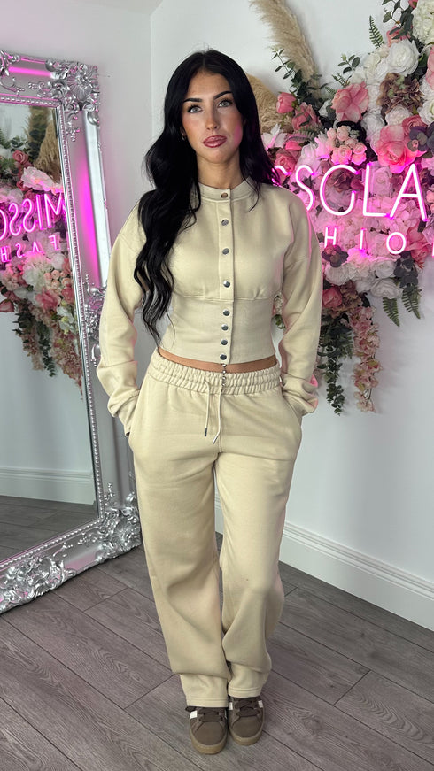 Moxie Button Front Wide Leg Tracksuit in Oatmeal