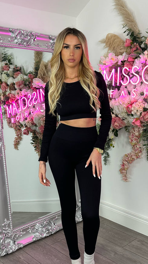 Luna Black Long Sleeve Ribbed Activewear Set