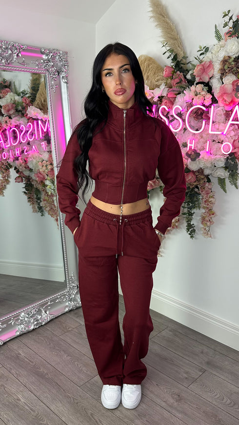 Kairo Straight Leg Zip Jacket Loungewear Set in Wine