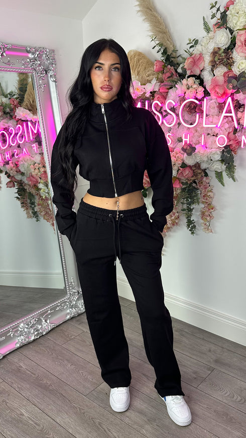 Kairo Straight Leg Zip Jacket Loungewear Set in Black