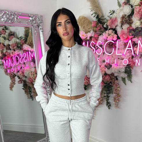Moxie Button Front Wide Leg Tracksuit in Bleach Grey