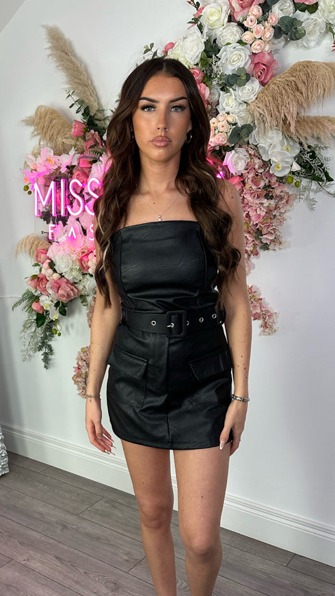Nora Black Leather Look Belted Skort Playsuit