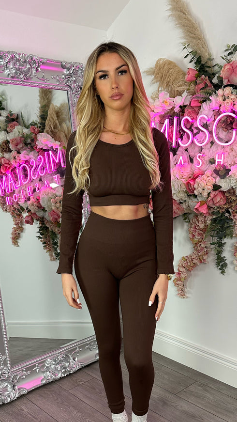 Luna Brown Long Sleeve Ribbed Activewear Set