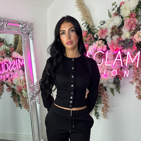 Moxie Button Front Wide Leg Tracksuit in Black