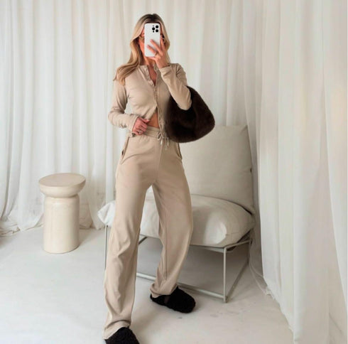 Long Sleeve Top And Trouser Loungewear Set Nude