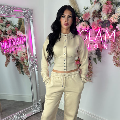 Moxie Button Front Wide Leg Tracksuit in Oatmeal