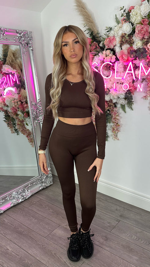 Myla Brown Long Sleeve Ribbed Contour Two Piece