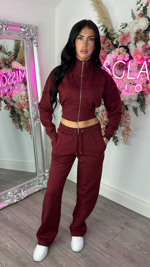 Kairo Straight Leg Zip Jacket Loungewear Set in Wine