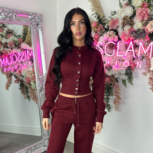Moxie Button Front Wide Leg Tracksuit in Wine