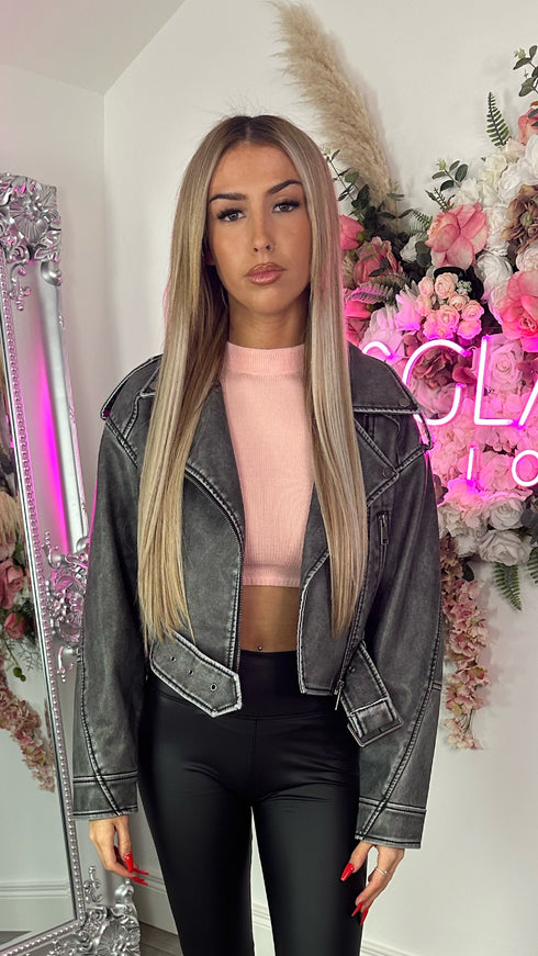Demi Grey Zip Detail Belted Leather Look Cropped Biker Jacket