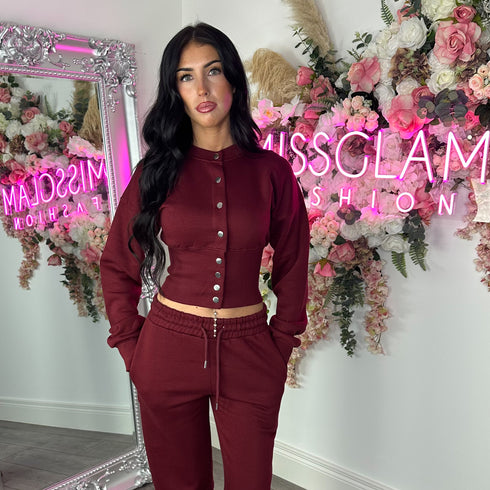 Moxie Button Front Wide Leg Tracksuit in Wine