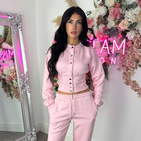 Moxie Button Front Wide Leg Tracksuit in Pink