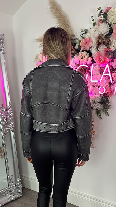 Demi Grey Zip Detail Belted Leather Look Cropped Biker Jacket