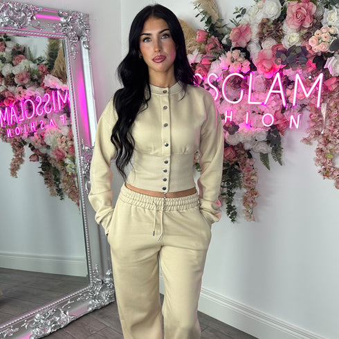 Moxie Button Front Wide Leg Tracksuit in Oatmeal