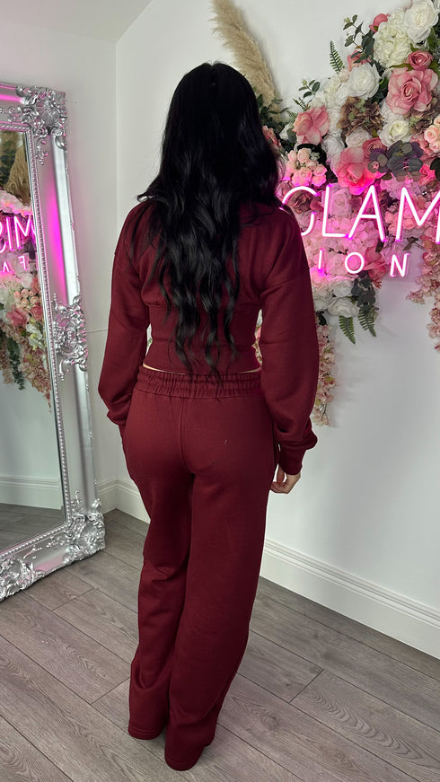 Moxie Button Front Wide Leg Tracksuit in Wine