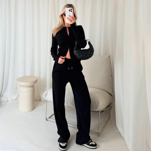Long Sleeve Top And Trouser Loungewear Set Black