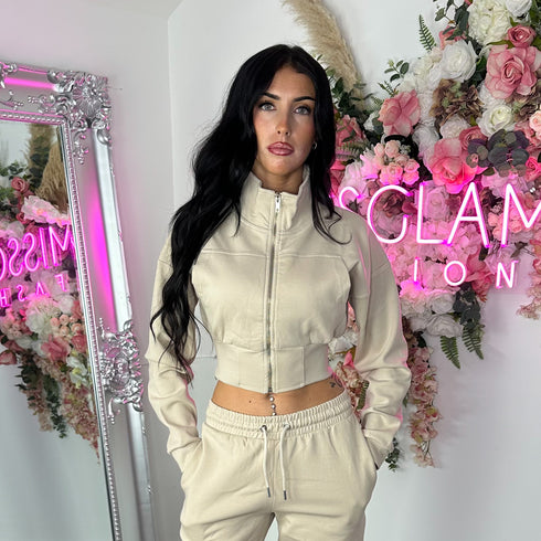 Kairo Straight Leg Zip Jacket Loungewear Set in Oatmeal