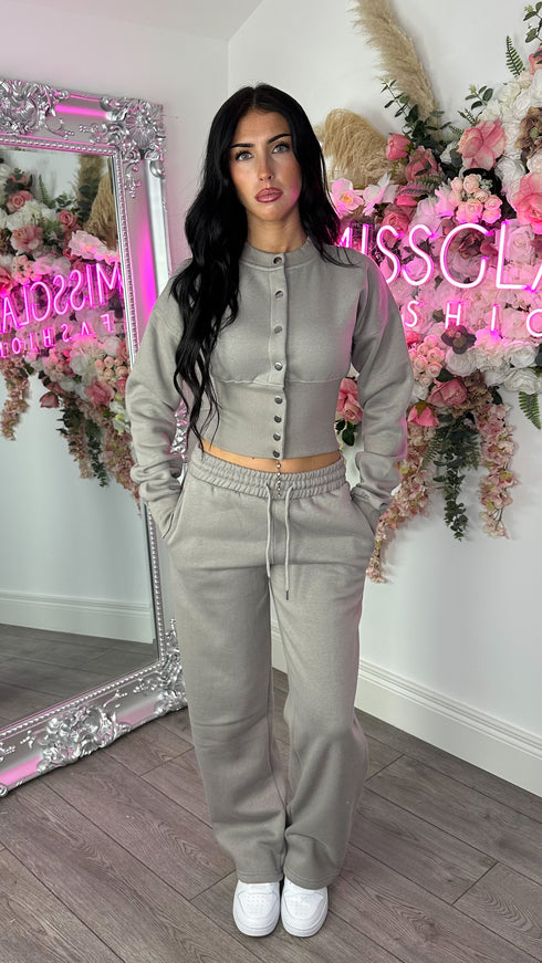 Moxie Button Front Wide Leg Tracksuit in Dove Grey