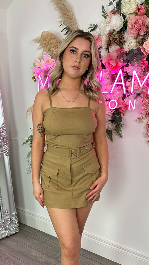 Rae Camel Belted Boob Tube Cargo Playsuit