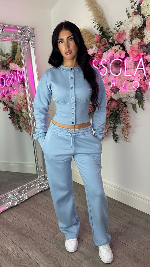 Moxie Button Front Wide Leg Tracksuit in Blue