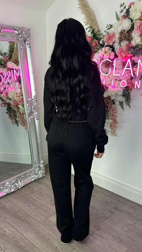 Moxie Button Front Wide Leg Tracksuit in Black