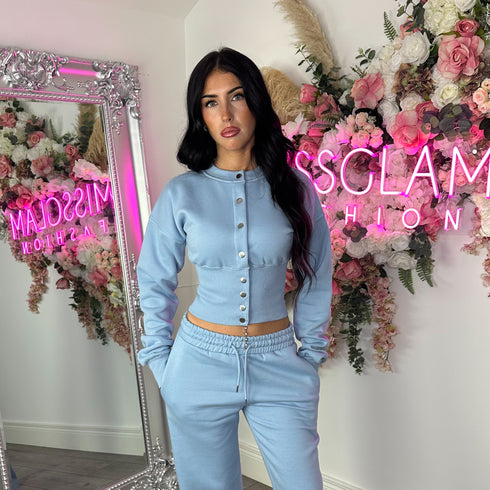 Moxie Button Front Wide Leg Tracksuit in Blue