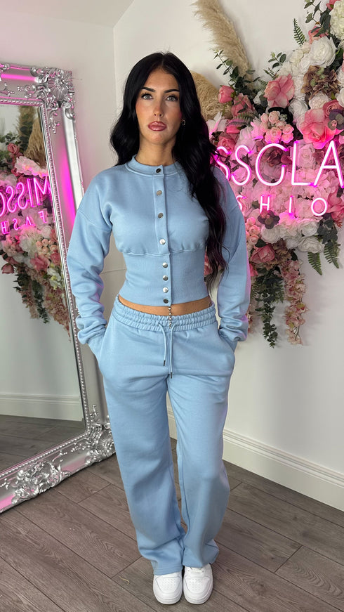 Moxie Button Front Wide Leg Tracksuit in Blue
