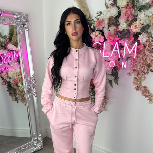Moxie Button Front Wide Leg Tracksuit in Pink