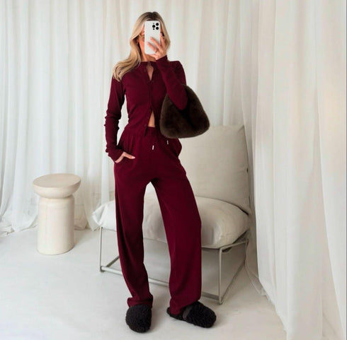Long Sleeve Top And Trouser Loungewear Set Wine