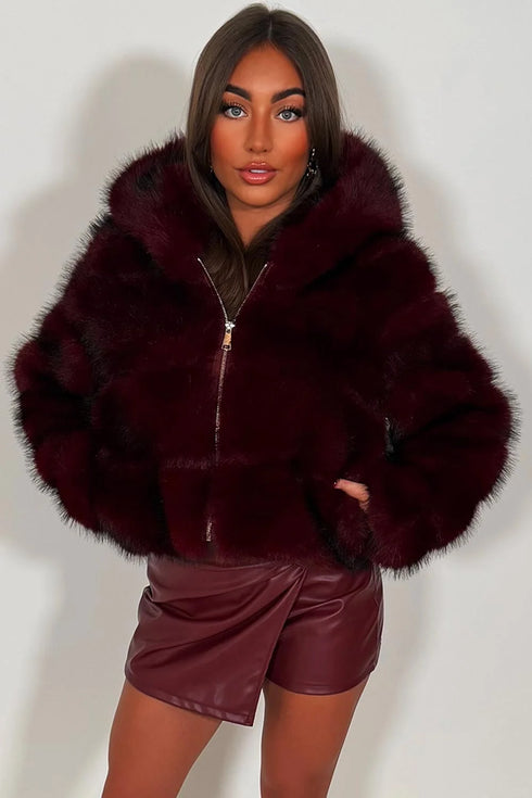 Hooded Faux Fur Zipped Jacket in Wine