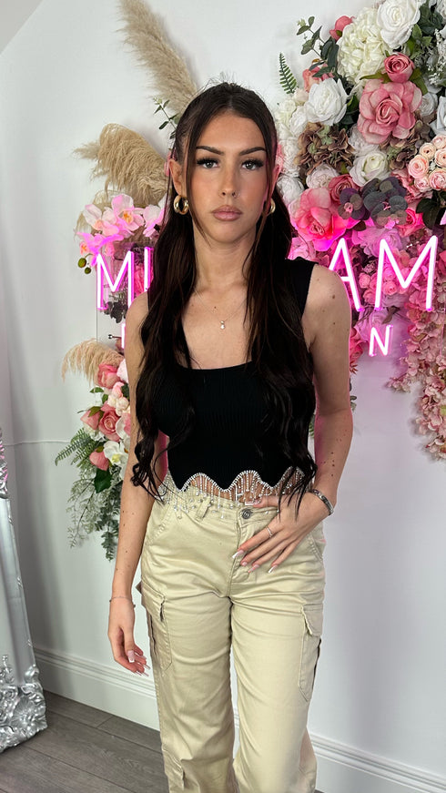 Luzia Black Diamonte Trim Sleeveless Crop Top