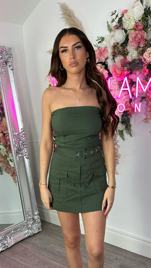 Rae Khaki Belted Boob Tube Cargo Playsuit