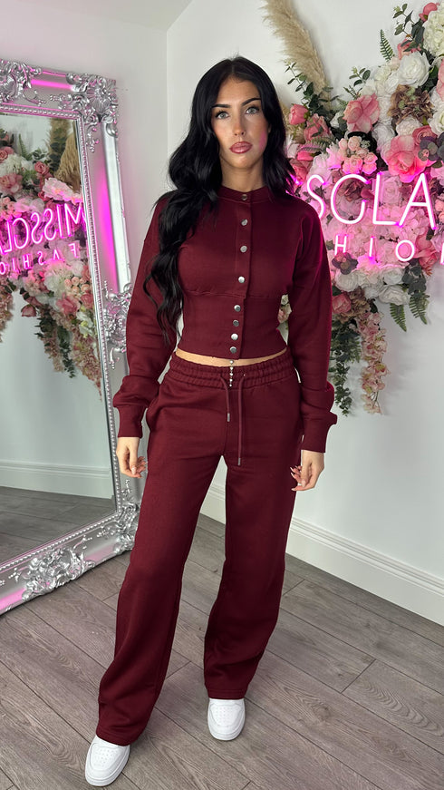 Moxie Button Front Wide Leg Tracksuit in Wine