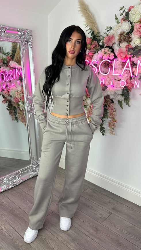 Moxie Button Front Wide Leg Tracksuit in Dove Grey