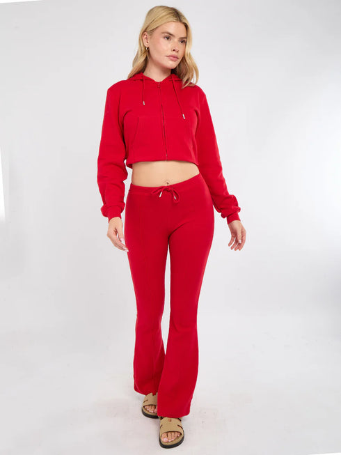 Mylie Cropped Zip Hoodie and Flare Trouser Set in Red