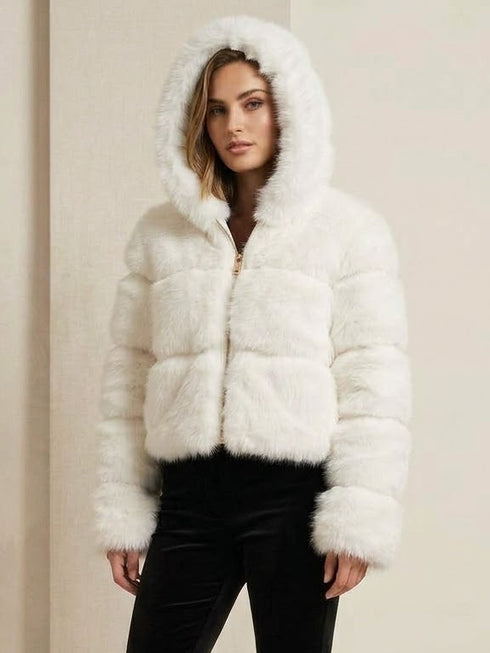 Hooded Faux Fur Zipped Jacket in White