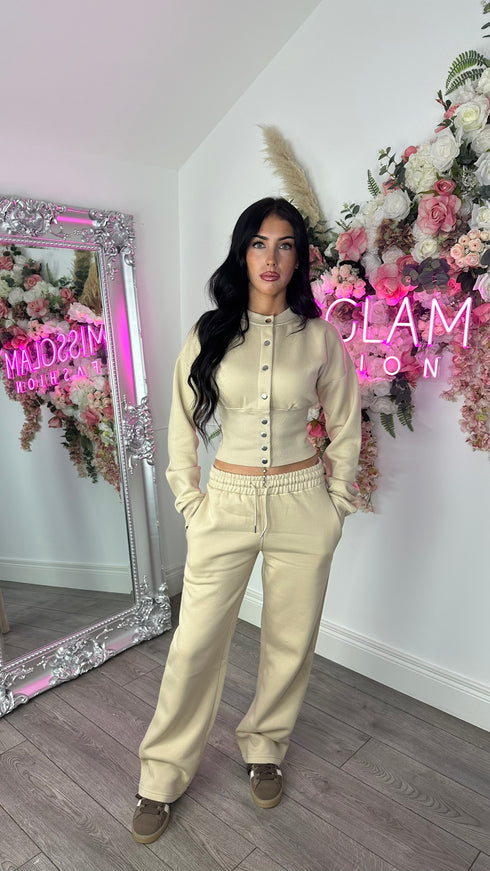 Moxie Button Front Wide Leg Tracksuit in Oatmeal