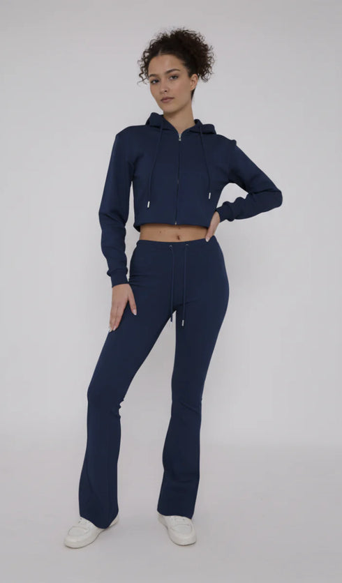 Mylie Cropped Zip Hoodie and Flare Trouser Set in Navy