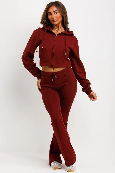 Mylie Cropped Zip Hoodie and Flare Trouser Set in Wine