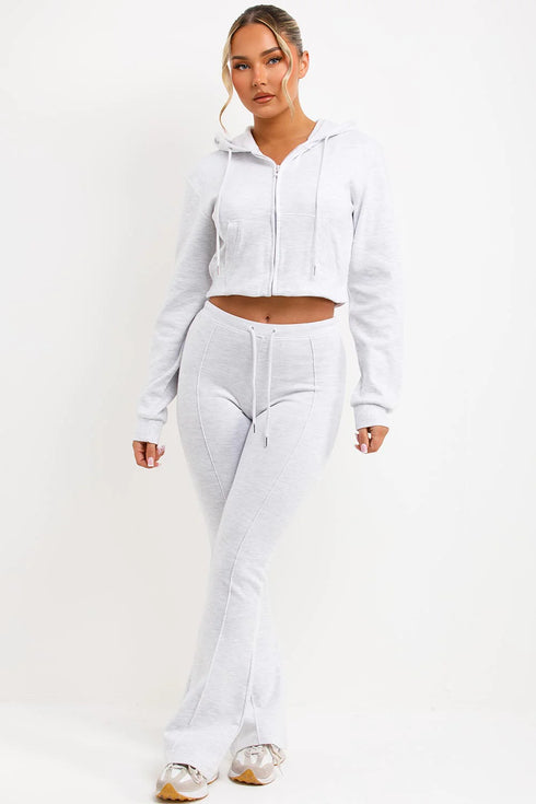 Mylie Cropped Zip Hoodie and Flare Trouser Set in Bleach Grey