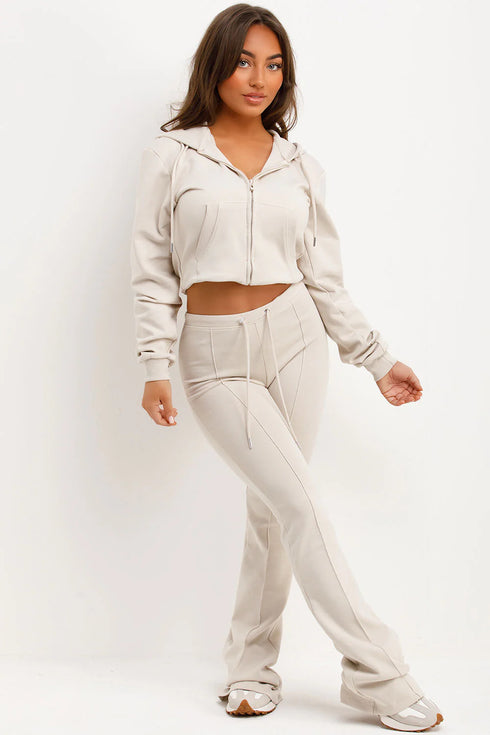 Mylie Cropped Zip Hoodie and Flare Trouser Set in Oatmeal
