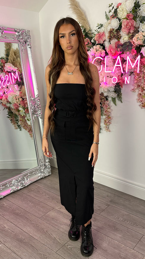 Pippa Black Cargo Bandeau Top & Buckle Midi Skirt Set