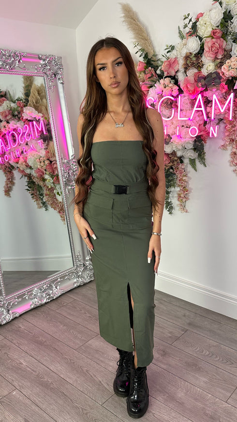 Pippa Khaki Cargo Bandeau Top & Buckle Midi Skirt Set