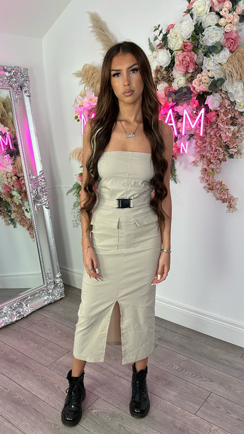 Pippa Nude Cargo Bandeau Top & Buckle Midi Skirt Set