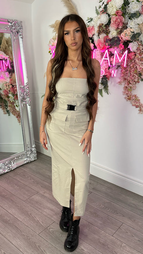 Pippa Nude Cargo Bandeau Top & Buckle Midi Skirt Set