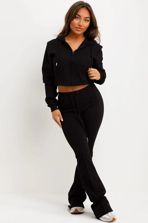 Mylie Cropped Zip Hoodie and Flare Trouser Set in Black